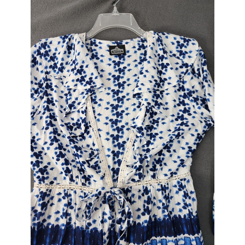 NWOT Angie Tie Front Top Womens Sz L White Blue Bohemian Boho Chic Bell Sleeve - Picture 7 of 10